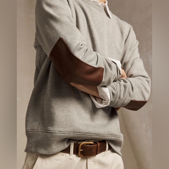 Billy Reid Dover Sweatshirt Grey with Brown Leather Patch Elbows XL - Picture 2 of 9
